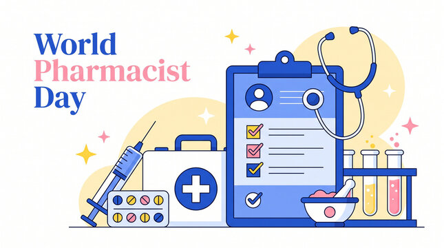 World pharmacist day celebration with medical tools with Pharmacists Meeting Global Health Needs checklist clipboard verification marks International Pharmaceutical Federation