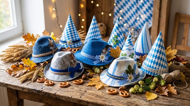 Oktoberfest party hats and traditional Bavarian alpine hats on a rustic wooden table