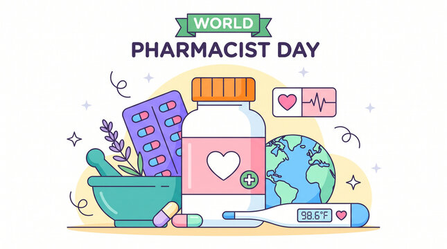 World pharmacist day celebration with globe emphasize global pharmacy care health safety Pharmacists Meeting Global Health Needs International Pharmaceutical Federation medicine