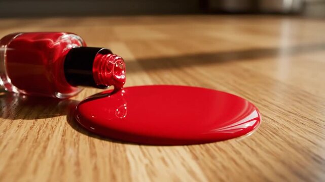 Tipped nail polish bottle leaks red lacquer onto wood flooring. Fresh liquid forms shiny pool beside black cap and glass container, creating neat cosmetic spill under bright light.