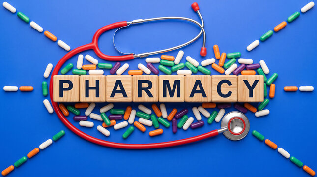 Pharmacy concept with colorful pills with Wooden block text spelling PHARMACY surrounded scattered colorful pill capsules framed stethoscope emphasizes medication healthcare themes