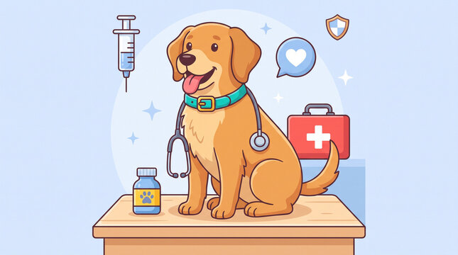 Happy golden retriever dog sitting on a veterinary table with medical icons like a syringe and first aid kit for World Rabies Day, September 28, animal health awareness.