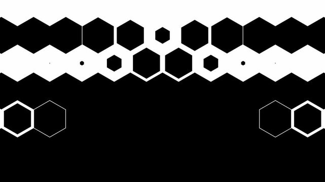 Minimalist black and white hexagon luma matte transition effect. Dynamic geometric honeycomb pattern wipe reveal for video editing, technology reels, and motion design.