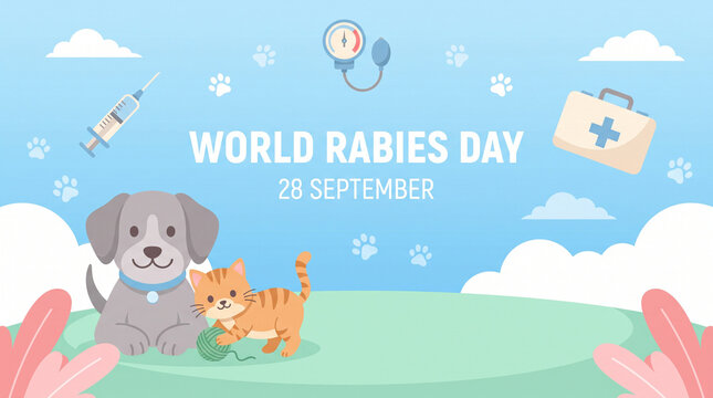 World Rabies Day banner with a dog and cat playing, surrounded by medical icons, emphasizing the importance of vaccinating pets to prevent the spread of rabies virus.