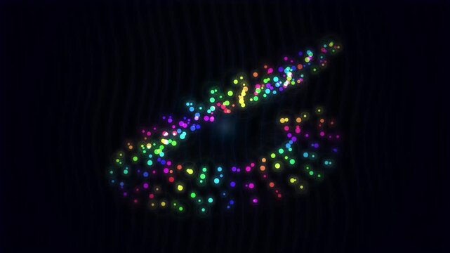 Abstract Futuristic Digital Art Featuring Glowing Neon Particles in a Dynamic Curved Flow on Dark Background