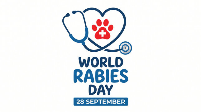 World Rabies Day illustration featuring a stethoscope forming a heart with a paw print, symbolizing veterinary care and global commitment to rabies-free communities.