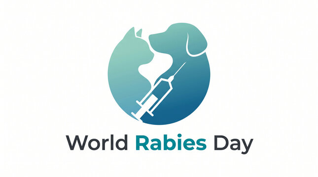 World Rabies Day illustration featuring a dog and cat silhouette with a medical syringe, promoting global awareness for animal health, vaccination, and virus prevention.