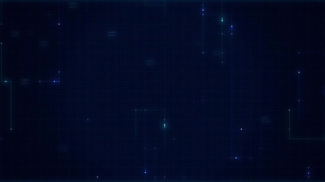 Abstract digital technology background with glowing geometric shapes and particles on a dark blue backdrop, representing data and connectivity