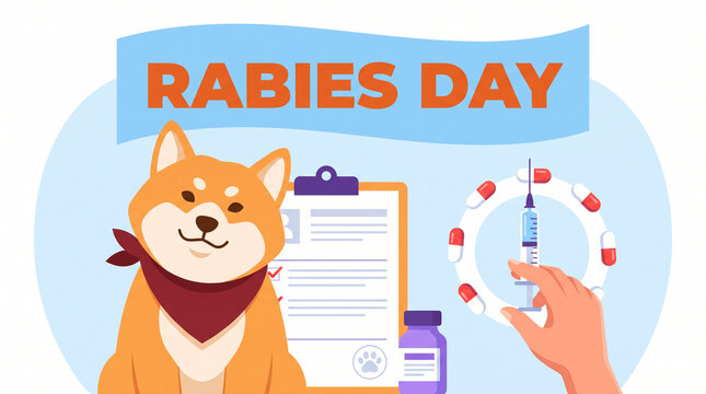 World Rabies Day concept with a cute dog, medical records, and a hand holding a vaccine syringe, highlighting the importance of professional veterinary care and safety.