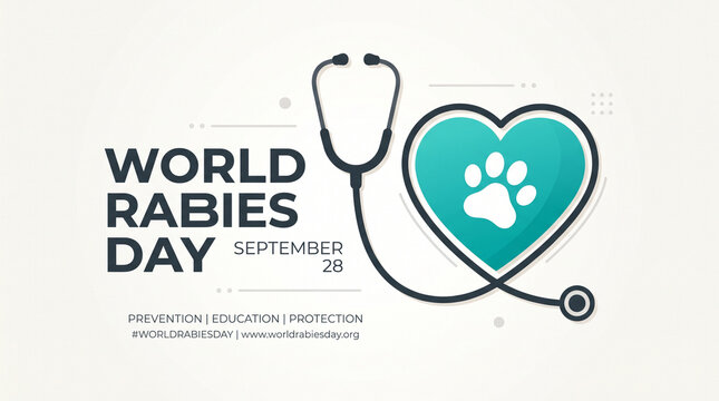 World Rabies Day graphic design with a stethoscope forming a heart shape around a paw print, emphasizing veterinary care, pet vaccination, and disease prevention efforts.