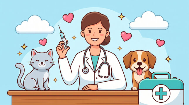 World rabies day illustration featuring a friendly veterinarian holding a syringe, accompanied by a happy cat and dog, emphasizing pet health, care, and vaccination safety.