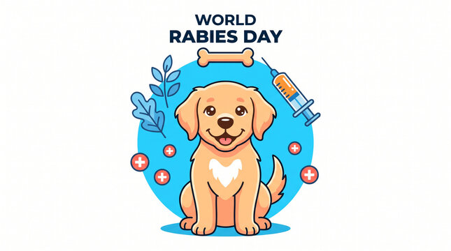 World rabies day poster with a cute puppy, a syringe, and a bone, highlighting the importance of dog vaccination and rabies prevention for a safe and healthy environment.