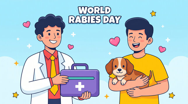 World rabies day graphic featuring a doctor with a medical kit and a happy pet owner holding a puppy, promoting pet vaccination, awareness, and community health initiatives.