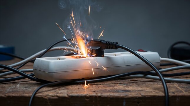 Electrical sparks and smoke erupting from a faulty power strip socket on a wooden surface with tangled wires for fire hazard prevention and electrical safety concept.