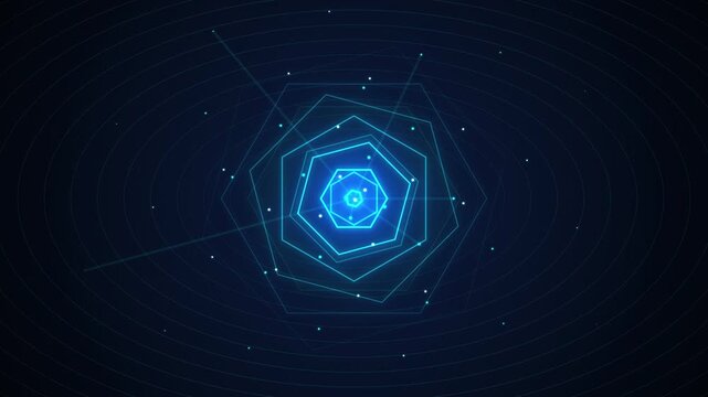Futuristic Blue Hexagonal Digital HUD Interface and Technological Core Element on Dark Background