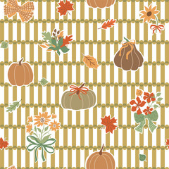 Obraz premium Autumn pumpkin, flowers, leaves seamless pattern. Fall farmhouse plaid, modern block, cute harvest collage design for fabric, wrapping paper, wallpaper, repeat background, textile design. Vector print