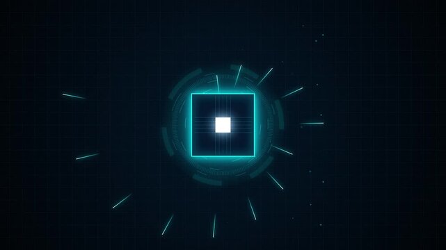 Abstract Digital Core Processing Unit with Glowing Radial Lines, Illustrating Futuristic Data Analysis, AI, and Network Connection Technology