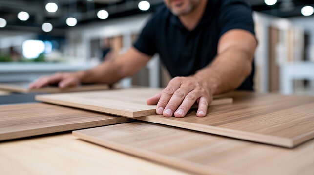 The hands of one materials architect slide one section of the building material samples against another at a precise contact point, capturing the comparison at the instant the arra