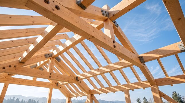 Wooden house frame construction with timber rafters and beams against a clear blue sky, ideal for sustainable architecture and residential real estate development concept.