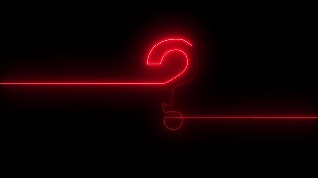 Red neon question mark glowing on dark background, minimalist abstract concept for problem solving and mystery
