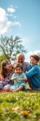 Naklejka premium Outdoor playtime with a happy family in harmony, colorful clothes, lush greenery