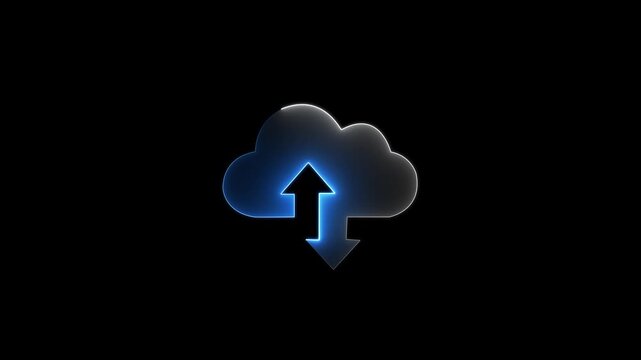 Neon glowing arrow with  cloud icon, data transfer animation. cloud storage with arrows icon animation on black background. Cloud space and technology, data backup, , upload database 4k motion video
