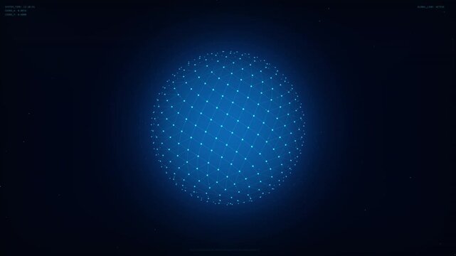Abstract glowing blue sphere composed of tiny dots on a dark, minimalist background, creating a futuristic and ethereal effect