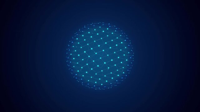 Abstract blue glowing digital sphere representing networking and technology data connection on dark background