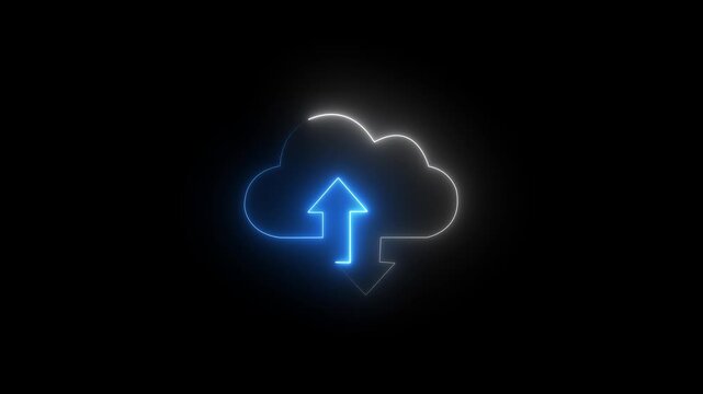 Neon glowing arrow with  cloud icon, data transfer animation. cloud storage with arrows icon animation on black background. Cloud space and technology, data backup, , upload database 4k motion video