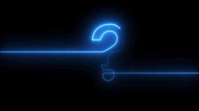 Neon blue glowing question mark symbol animation on black background, minimalist abstract concept for faq and problem solving