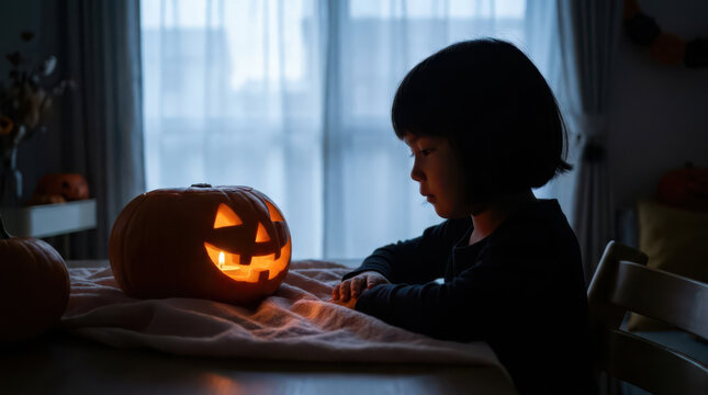 Child sitting beside a glowing jack o lantern at home, cozy Halloween evening scene with warm candlelight, autumn atmosphere, seasonal tradition, childhood creativity, imagination, and spooky mood