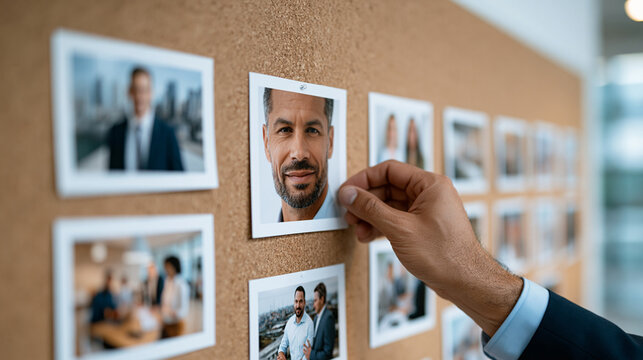 Within a freelance services records area, the hands of one freelance project manager pin a planning card to a corkboard edge just above the printed project cards, the instant of co