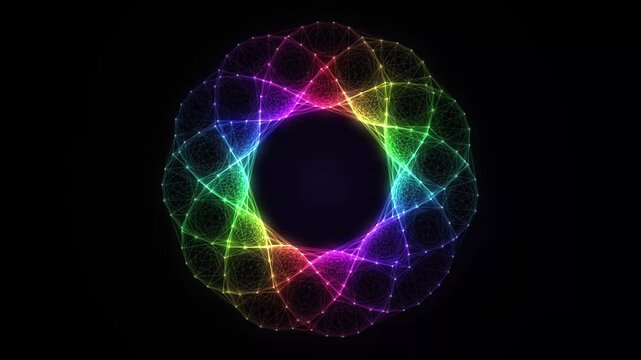 A colorful abstract spirograph pattern featuring glowing neon rainbow lines against a black background.