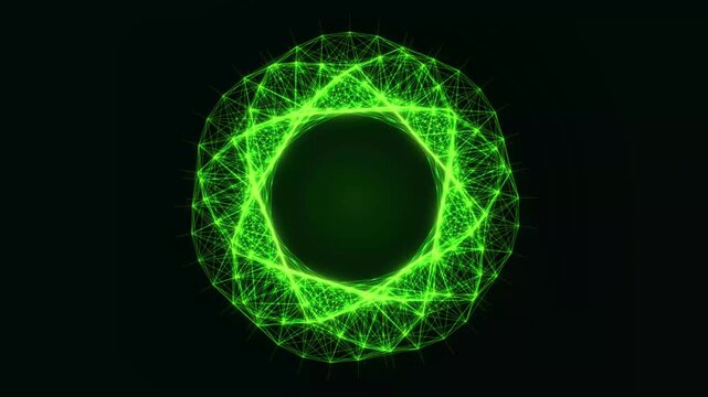 Abstract Glowing Green Digital Network Sphere with Geometric Lines and Interconnected Nodes on a Black Background