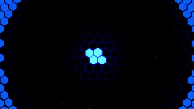 Abstract blue glowing hexagon pattern tunnel animation background with digital futuristic network effect and data flow