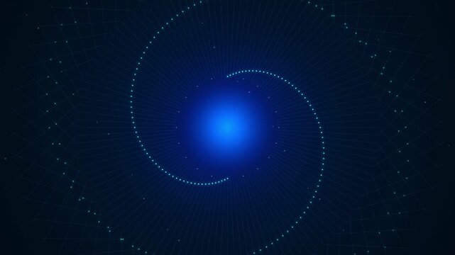Abstract blue technology background with glowing spiral light particles and central blue glow digital network concept
