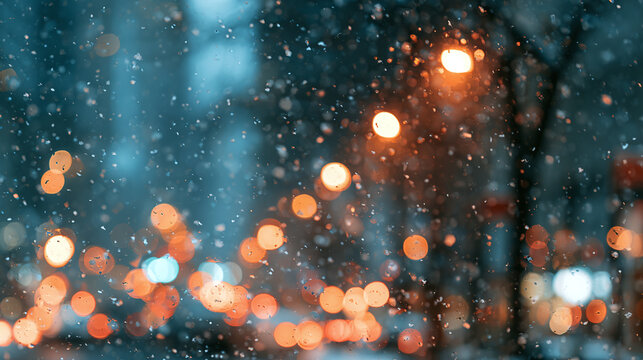 Winter snowfall at night with blurred city street lights and magic bokeh