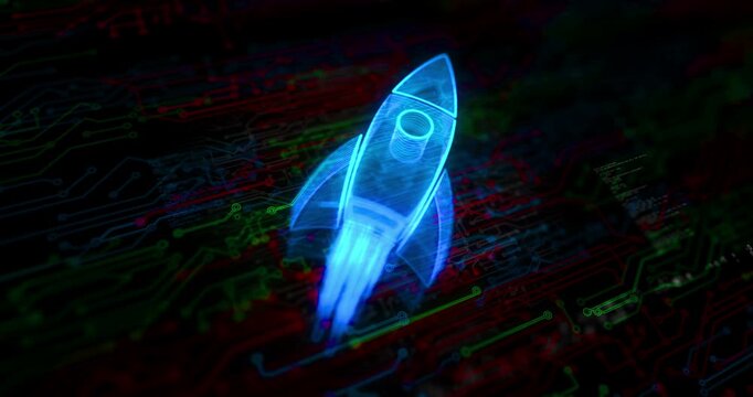 Startup business rocket launch colored symbol concept. Network, cyber technology and computer background abstract 3d animation.