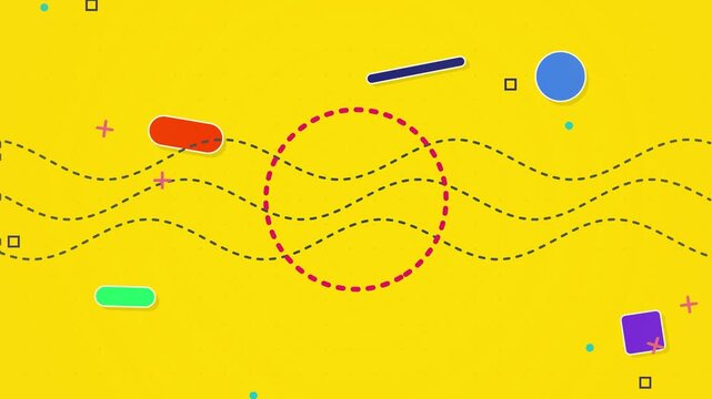 Vibrant Yellow Memphis Background Featuring Abstract Geometric Shapes and Wavy Dotted Lines for Creative Modern Graphic Design Projects