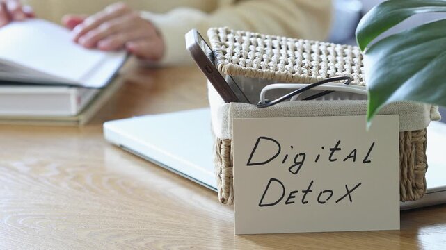 Digital detox concept from woman reading paper book while phone and laptop gadgets lying offline. Home and mental leisure instead social media and technology addiction.