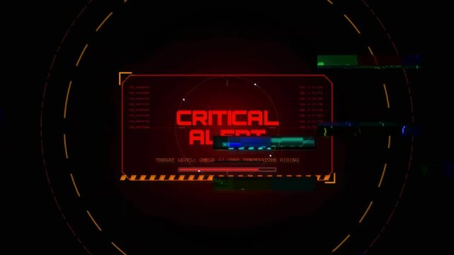 Futuristic HUD Glitch Interface with Critical Alert Warning on Dark Cyber Background