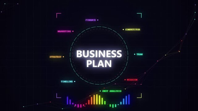 Futuristic HUD Business Plan Diagram with Marketing and Strategy Data Visualization
