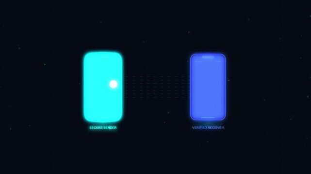 Secure data transfer between two glowing digital mobile smartphones in a futuristic cyber space