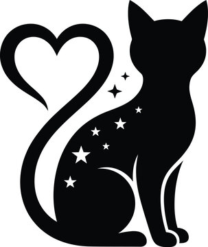 Elegant black cat silhouette with a heart shaped tail and sparkling star details