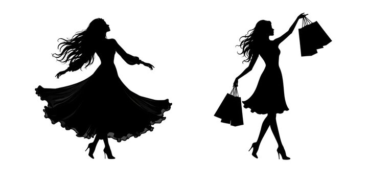 Silhouettes of Two Elegant Women Dancing and Shopping &ndash; Luxury Fashion Vector Illustration Set