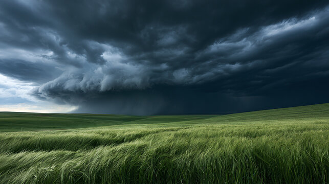 Dramatic storm clouds roll over a vast green field with strong wind blow