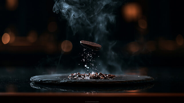 Roasted Coffee Bean Levitating with Smoke on Slate