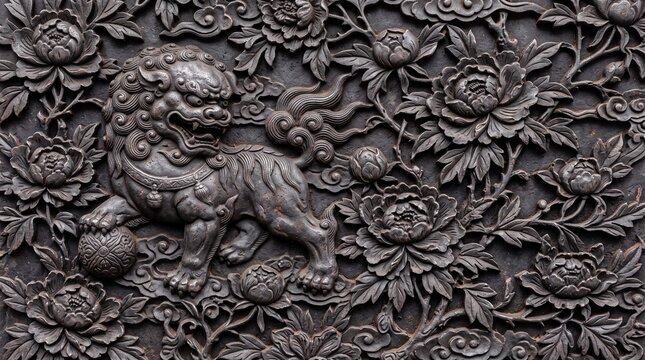 Traditional Chinese Guardian Lion Relief Carving with Peonies