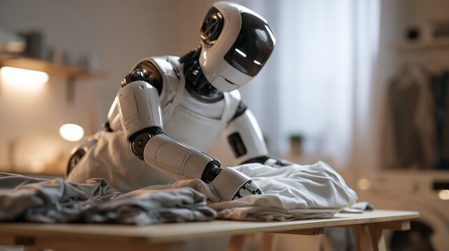 Humanoid Robot Assistant Folding Laundry at Home