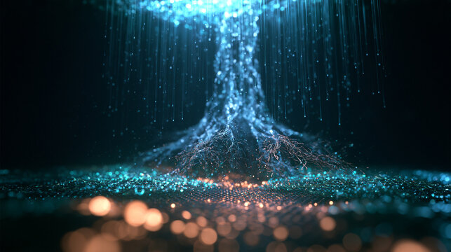 Digital Data Tree with Glowing Particles and Fiber Roots